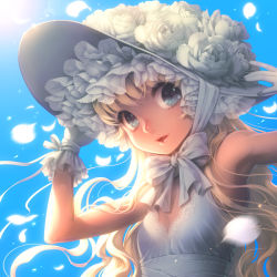 Rule 34 | 1girl, :d, armpits, bare shoulders, blonde hair, blue background, blue eyes, bow, chin strap, day, falling, feathers, flat chest, flower, frilled hat, frills, gloves, hat, highres, kayu, lips, long hair, looking at viewer, open mouth, original, parted lips, petals, rose, simple background, sky, smile, solo, upper body, wavy hair, white flower, white hat, white rose