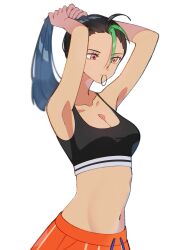 Rule 34 | 1girl, adjusting hair, armpits, arms up, black hair, black sports bra, breasts, cleavage, collarbone, commentary, creatures (company), eyelashes, freckles, game freak, green hair, hair between eyes, hair tie in mouth, highres, kana (kanna runa0620), long hair, looking down, loose hair strand, medium breasts, midriff, mouth hold, multicolored hair, naranja academy school uniform, navel, nemona (pokemon), nintendo, orange eyes, orange shorts, pokemon, pokemon sv, ponytail, school uniform, shorts, solo, sports bra, striped clothes, striped shorts, two-tone hair, vertical-striped clothes, vertical-striped shorts, white background
