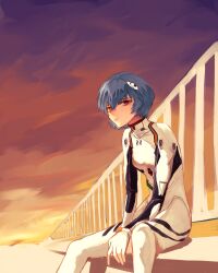 Rule 34 | 1girl, absurdres, ayanami rei, blue hair, bodysuit, breasts, cloud, cloudy sky, commentary, headgear, highres, interface headset, neon genesis evangelion, orange sky, oranumu, pilot suit, plugsuit, red eyes, science fiction, short hair, sitting, sky, small breasts, solo, sunset, white bodysuit