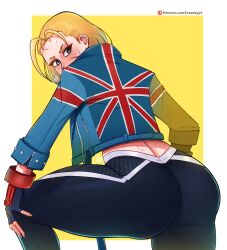 Rule 34 | absurdres, angry, ass, blonde hair, cammy white, capcom, exhausted, fraankyy, gloves, green eyes, highres, huge ass, jacket, looking at viewer, outside border, pants, scar, sportswear, street fighter, sweat, union jack, united kingdom, yoga pants