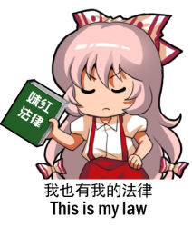 Rule 34 | 1girl, bilingual, book, bow, chinese text, closed eyes, english text, engrish text, fujiwara no mokou, hair bow, holding, holding book, jokanhiyou, lowres, mixed-language text, multi-tied hair, ranguage, revision, simple background, solo, touhou, translated, white background