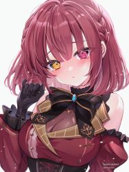 Rule 34 | 1girl, anchor print, black bow, black gloves, black leotard, blush, bob cut, bow, braid, breasts, brooch, cleavage, detached sleeves, dot nose, dress, eneru (enepuni), gloves, gothic lolita, heterochromia, highres, hololive, houshou marine, houshou marine (gothic lolita), jewelry, large breasts, leotard, leotard under clothes, lolita fashion, looking at viewer, red dress, red eyes, red hair, red sleeves, see-through, see-through cleavage, short hair, side braid, simple background, solo, symbol-shaped pupils, twitter username, upper body, virtual youtuber, white background, yellow eyes