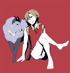 Rule 34 | 1boy, animal, bad id, bad pixiv id, barefoot, brown hair, character request, crossed legs, male focus, red background, serow, shiro (reptil), short hair, simple background, sitting, solo, tennis no ouji-sama