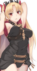 Rule 34 | 1girl, arm up, between breasts, black dress, black leotard, blonde hair, blush, bone, bow, breasts, buckle, cape, commentary request, cowboy shot, dress, earrings, ereshkigal (fate), fate/grand order, fate (series), gold trim, hair bow, hair ornament, hair ribbon, hand in own hair, hand up, headpiece, hoop earrings, jewelry, leotard, long hair, medium breasts, necklace, open mouth, parted bangs, red cape, red eyes, red ribbon, ribbon, shiseki hirame, skull, solo, spine, standing, strap, strap between breasts, tiara, two side up, very long hair