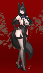 Rule 34 | 1girl, animal ears, bare shoulders, bell, black-haired fox girl (hayabusa), black footwear, black gloves, black hair, black thighhighs, blue eyes, blush, breasts, cleavage, covered navel, elbow gloves, floral background, fox ears, fox girl, fox tail, full body, gloves, hand on own chest, hand on own hip, hayabusa, high heels, highres, large breasts, long hair, looking at viewer, mole, mole on breast, mole under eye, open mouth, original, pelvic curtain, pumps, red background, shoes, sideboob, signature, smile, solo, standing, stiletto heels, tail, thick eyebrows, thighhighs, thighs