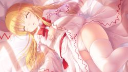 Rule 34 | 1girl, :o, ^ ^, blonde hair, blush, bow, bowtie, closed eyes, commentary request, dress, fairy wings, fat mons, feet out of frame, hand on own chest, hat, unworn hat, unworn headwear, highres, lily white, long hair, long sleeves, lzh, on bed, panties, red bow, red bowtie, sash, skindentation, sleeping, solo, sunlight, thighhighs, touhou, underwear, very long hair, white dress, white thighhighs, wide sleeves, wings