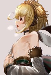 Rule 34 | 1girl, andira (granblue fantasy), animal ears, armpit peek, bad id, bad pixiv id, bare shoulders, blonde hair, blush, breasts, breath, commentary request, detached sleeves, erune, flat chest, fur trim, gold trim, granblue fantasy, highres, leotard, long sleeves, maou (maoudaisukiya), monkey ears, monkey girl, open mouth, red eyes, sash, short hair, sideboob, sideways mouth, simple background, solo, sweat, upper body, white leotard, wide sleeves
