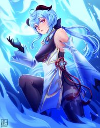 Rule 34 | 1girl, absurdres, ahoge, alina l, bell, black bodysuit, black gloves, blue hair, bodysuit, commentary, detached sleeves, english commentary, ganyu (genshin impact), genshin impact, gloves, hair between eyes, highres, horns, long hair, long sleeves, looking at viewer, neck bell, parted lips, purple eyes, sidelocks, smile, solo, vision (genshin impact)