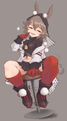 Rule 34 | 1girl, animal ear fluff, animal ears, arknights, black footwear, black hood, black skirt, blush, breasts, brown hair, caper (arknights), commentary request, ears through hood, fang, finger to mouth, gloves, grey background, hair between eyes, half-closed eyes, highres, hood, hood up, id card, jacket, looking at viewer, midriff, mole, mole on thigh, navel, on stool, open mouth, pleated skirt, pom pom (clothes), pori (poritan81), rabbit ears, rabbit girl, red eyes, red gloves, red socks, red thighhighs, ribbed socks, ribbed thighhighs, short hair, simple background, single sock, single thighhigh, sitting, skin fang, skirt, small breasts, socks, solo, sparkle, stool, thighhighs, thighs