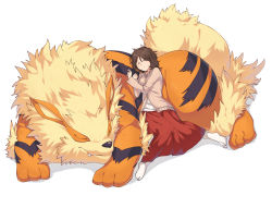 Rule 34 | 1girl, arcanine, breasts, brown hair, closed mouth, commentary request, creatures (company), dress, closed eyes, fang, fang out, full body, game freak, gen 1 pokemon, hair between eyes, long sleeves, lying, medium hair, nintendo, on stomach, pokemon, pokemon (creature), red dress, shadow, shimure (460), shirt, simple background, sleeping, solo, white background, white legwear, white shirt