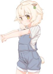 Rule 34 | 1girl, ahoge, animal ears, blonde hair, brown eyes, child, clover, female focus, four-leaf clover, hair ornament, highres, horns, interlocked fingers, looking at viewer, original, outstretched arms, overall shorts, overalls, own hands together, sakumofu (sak2mof2), sheep ears, sheep girl, sheep horns, sheep tail, shirt, short hair, short shorts, short sleeves, shorts, simple background, slit pupils, solo, stretching, striped clothes, striped shirt, tail, upper body, white background