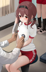 1boy 3girls absurdres black_hairband blush brown_hair embarrassed fingernails gibun_(sozoshu) gym_shorts gym_uniform hairband highres medical_examination multiple_girls on_stool original red_eyes red_shorts shorts solo_focus stethoscope