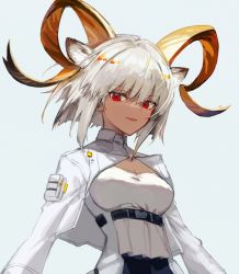 Rule 34 | 1girl, animal ears, arknights, black skirt, breasts, carnelian (arknights), commentary, cropped jacket, dark-skinned female, dark skin, extra ears, goat ears, goat girl, goat horns, highres, horns, jacket, looking at viewer, medium breasts, open mouth, red eyes, shirt, short hair, simple background, skirt, solo, spacelongcat, upper body, white background, white hair, white jacket, white shirt