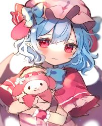 Rule 34 | 1girl, animal ears, bat wings, black wings, blue bow, blue hair, blush, bow, capelet, character request, chikuwa (tikuwaumai ), closed mouth, dress, fake animal ears, hair between eyes, hat, hat bow, highres, hug, looking at viewer, mob cap, my melody, onegai my melody, pink dress, pink headwear, red capelet, red eyes, remilia scarlet, sanrio, simple background, sketch, touhou, upper body, wavy mouth, white background, wings, wrist cuffs