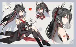 Rule 34 | 1girl, :o, absurdres, angry, animal ears, antlers, arknights, bare shoulders, black dress, black footwear, black gloves, black hair, boots, border, chibi, chibi inset, chinese commentary, commentary request, cropped torso, dafu4444, deer antlers, deer ears, deer girl, detached collar, dress, earrings, elbow gloves, flower tattoo, foot out of frame, frown, gloves, grey background, hair between eyes, hair ribbon, heart, highres, horns, jewelry, knee boots, knees up, long hair, looking at viewer, multiple views, qiubai (arknights), red eyes, red ribbon, ribbon, shoulder tattoo, simple background, single knee boot, tattoo, thigh boots