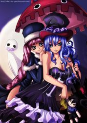 Rule 34 | 2girls, bare shoulders, black eyes, black nails, blue eyes, blue hair, breasts, capelet, character doll, cleavage, cosplay, costume switch, cross, dress, eyelashes, fairy tail, flower, frilled dress, frills, fur trim, ghost, gray fullbuster, hand on another&#039;s shoulder, hat, hat flower, highres, hikari no yami, juvia lockser, juvia lockser (cosplay), juvia loxar (cosplay), large breasts, long hair, multiple girls, nail polish, one piece, perona, perona (cosplay), pink hair, purple flower, purple nails, purple rose, rose, shiny skin, side slit, smile, strapless, strapless dress, top hat, umbrella