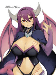 Rule 34 | 1girl, absurdres, alma elma, breast tattoo, breasts, bridal gauntlets, capelet, character name, cleavage, cloak, closed mouth, commentary, demon girl, demon wings, detached sleeves, hair between eyes, highres, horns, kawahara0527, large breasts, long hair, looking at viewer, mon-musu quest!, monster girl, navel, pointy ears, purple hair, red eyes, revealing clothes, simple background, smile, solo, tattoo, thong, very long hair, white background, wide hips, wings