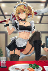 Rule 34 | 1girl, alternate costume, anger vein, animal ears, black collar, black skirt, blonde hair, boots, braid, breasts, broccoli, carrot, cat ears, clarent (fate), cleavage, collar, commentary request, crop top, cross-laced footwear, cup, enmaided, fake animal ears, fate/apocrypha, fate/grand order, fate (series), food, french braid, frills, glaring, green eyes, hair ornament, hair scrunchie, highres, holding, holding sword, holding weapon, ice, ice cube, jewelry, knee up, lace-up boots, long hair, looking at viewer, maid, maid day, maid headdress, miniskirt, mordred (fate), mordred (fate/apocrypha), navel, necklace, panties, pantyshot, parted bangs, parted lips, pendant, plate, ponytail, puffy short sleeves, puffy sleeves, red panties, revision, scrunchie, shaded face, shoe soles, short ponytail, short sleeves, sidelocks, skirt, small breasts, solo, sword, table, tonee, underwear, vegetable, water, weapon