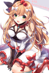 Rule 34 | 1girl, 40 (0f0urw), absurdres, bare shoulders, breasts, chest harness, clarisse (granblue fantasy), clarisse (soleil blanc) (granblue fantasy), dress, earrings, flower, gloves, granblue fantasy, green eyes, hair flower, hair ornament, hair ribbon, harness, highres, jewelry, light brown hair, long hair, looking at viewer, medium breasts, open mouth, ribbon, sitting, solo