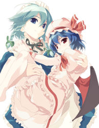Rule 34 | 2girls, barefoot, bat wings, bloomers, blue eyes, blue hair, braid, carrying, female focus, hat, izayoi sakuya, maid, maid headdress, multiple girls, own hands clasped, own hands together, pout, princess carry, red eyes, remilia scarlet, shirota dai, short hair, silver hair, smile, touhou, twin braids, underwear, white bloomers, wings, wrist cuffs