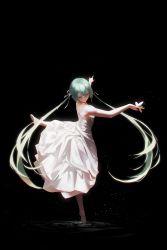 Rule 34 | 1girl, absurdres, aqua hair, bare arms, bare shoulders, black background, breasts, bug, butterfly, butterfly on hand, closed eyes, closed mouth, dancing, dress, full body, glowing butterfly, hatsune miku, highres, insect, leg up, liquid, long hair, rsef, simple background, small breasts, strapless, strapless dress, twintails, very long hair, vocaloid, white dress