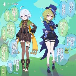 2girls ahoge ascot asymmetrical_gloves black_dress black_footwear black_gloves black_shorts blue_ascot blue_bow blue_eyes blue_gemstone blue_hair blue_hat blush bow bridal_gauntlets cape capelet collei_(genshin_impact) collei_(genshin_impact)_(cosplay) commentary_request cosplay crossed_arms crossed_bangs cuilein-anbar_(genshin_impact) detached_sleeves dress drop-shaped_pupils furina_(genshin_impact) furina_(genshin_impact)_(cosplay) gem genshin_impact gloves green_capelet green_eyes hair_between_eyes hand_on_own_hip hat hat_bow heterochromia highres jewelry ouji_fashion light_blue_hair lolita_fashion mismatched_gloves mismatched_thighhighs multiple_girls orange_cape parted_lips puffy_sleeves purple_eyes shorts sleeveless sleeveless_dress soku_(bluerule-graypray) standing symbol-shaped_pupils thigh_strap thighlet toeless_footwear top_hat translation_request white_gloves white_hair