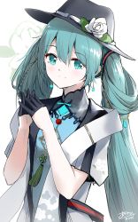 Rule 34 | 1girl, aqua eyes, aqua hair, asahi kuroi, beads, black gloves, black hat, blue shirt, commentary, earrings, fedora, flower, gloves, hair beads, hair ornament, half gloves, hat, hat flower, hatsune miku, highres, interlocked fingers, jacket, jewelry, long hair, looking at viewer, own hands together, rose, shirt, short sleeves, signature, smile, solo, tassel, twintails, upper body, very long hair, vocaloid, white background, white flower, white jacket, white rose