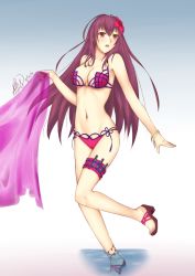 Rule 34 | 1girl, :o, arcie albano, bikini, bracelet, breasts, bridal garter, cleavage, fate/grand order, fate (series), flower, hair flower, hair ornament, highres, jewelry, knife, large breasts, leg up, long hair, navel, partially submerged, purple bikini, purple hair, red eyes, sandals, sarong, unworn sarong, scathach (fate), scathach (fate/grand order), scathach (swimsuit assassin) (fate), side-tie bikini bottom, signature, solo, swimsuit, throwing knife, very long hair, wading, water, weapon