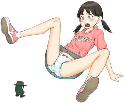 Rule 34 | 1girl, ankle socks, arm support, black eyes, black hair, blue skirt, blush, bow, bow panties, clothes writing, commentary request, crotch seam, doraemon, english text, frown, hood, hood down, hoodie, leaning back, legs up, long sleeves, looking at another, low twintails, lying, maburu (lojyq1eur3e8bit), minamoto shizuka, miniskirt, on back, open mouth, panties, pantyshot, pink footwear, pink hoodie, shoes, simple background, skirt, sneakers, socks, sweatdrop, twintails, underwear, white background, white legwear, white panties