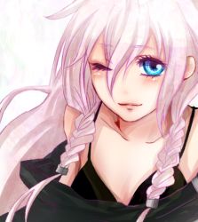Rule 34 | 1girl, bad id, bad pixiv id, bare shoulders, blue eyes, face, ia (vocaloid), long hair, looking at viewer, no nose, one eye closed, pink hair, sasa, sasa0205, simple background, smile, solo, vocaloid, wink
