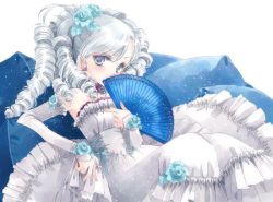 Rule 34 | 1girl, bare shoulders, blue flower, blue rose, blue theme, covering face, covering own mouth, covering privates, cowboy shot, detached sleeves, dress, drill hair, flower, folding fan, frilled dress, frills, grey eyes, hair flower, hair ornament, hand fan, hato rami, hime lolita, lolita fashion, long hair, pillow, reclining, rose, sitting, solo, white dress, white hair