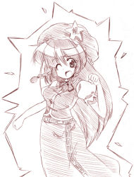 Rule 34 | 1girl, braid, chinese clothes, clenched hands, cowboy shot, female focus, hat, hong meiling, kiku hitomoji, long hair, monochrome, neck ribbon, one eye closed, open mouth, puffy short sleeves, puffy sleeves, ribbon, short sleeves, solo, star (symbol), embodiment of scarlet devil, touhou, twin braids, white background