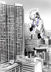 Rule 34 | 1girl, arms between legs, asymmetrical sleeves, be be be be (cevio), building, cevio, city, closed mouth, coat, commentary request, day, giant, giantess, greyscale, hair ornament, hair over one eye, halo, high collar, highres, jinba (jinbarta2), kamitsubaki studio, kneehighs, knees up, long hair, looking at viewer, mismatched socks, monochrome, multicolored hair, o-ring, one eye covered, outdoors, purple hair, sekai (cevio), shorts, sitting, skyscraper, socks, solo, spot color, streaked hair, uneven sleeves, v arms