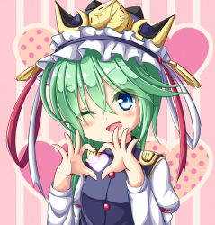 Rule 34 | 1girl, ;d, asymmetrical hair, blue eyes, blush, crown, green hair, hat, head tilt, heart, heart hands, highres, juliet sleeves, long sleeves, looking at viewer, mochizuki hull, one eye closed, open mouth, puffy sleeves, ribbon, shiki eiki, smile, solo, star (symbol), tabard, touhou