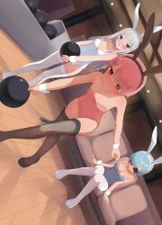 Rule 34 | 3girls, absurdres, animal ears, ball, black thighhighs, blue hair, blue leotard, bowling, bowling alley, bowling ball, breasts, cleavage, commentary, commission, covered navel, dutch angle, emilia (re:zero), english commentary, fake animal ears, grey hair, hair ornament, highres, large breasts, leotard, long hair, multiple girls, open mouth, parted lips, pink hair, pink leotard, pixiv commission, playboy bunny, purple eyes, rabbit ears, ram (re:zero), re:zero kara hajimeru isekai seikatsu, recklessdraw, red eyes, rem (re:zero), short hair, sitting, small breasts, standing, strapless, strapless leotard, sunglasses, thighhighs, white leotard, white thighhighs, wrist cuffs, x hair ornament