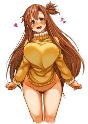 Rule 34 | 10s, 1girl, asuna (sao), blush, bottomless, breasts, brown eyes, brown hair, cowboy shot, female pubic hair, hair between eyes, heart, large breasts, long hair, long sleeves, looking at viewer, naked sweater, one side up, open mouth, perky breasts, pubic hair, sachito, smile, solo, sweater, sword art online, thighs, turtleneck, very long hair