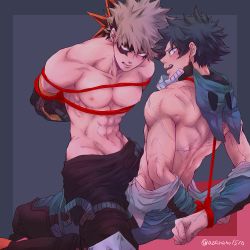 Rule 34 | 2boys, abs, arms behind back, artist name, asanuno1510, bakugou katsuki, bara, black pants, blonde hair, blush, boku no hero academia, bound, bound arms, bound wrists, domino mask, gloves, green gloves, green pants, large pectorals, looking at viewer, male focus, mask, unworn mask, midoriya izuku, multiple boys, muscular, muscular male, navel, nipples, on person, open mouth, orange gloves, pants, pectorals, red rope, rope, shibari, short hair, sitting, sitting on person, spiked hair, topless male, torn clothes, torn mask, twitter username, two-tone gloves, yaoi