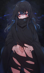 Rule 34 | 1girl, bags under eyes, black background, black cloak, black hair, borrowed character, breasts, cloak, commentary request, covered mouth, cowboy shot, gradient background, grey background, hair between eyes, hands on own stomach, highres, long hair, long sleeves, looking at viewer, messy hair, navel, original, otokuyou, red eyes, solo, stomach, stomach tattoo, tattoo, torn cloak, torn clothes, wide sleeves