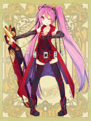 Rule 34 | 1girl, dennryuurai, detached sleeves, long hair, one eye closed, pink hair, psychic hearts, red eyes, solo, sword, thighhighs, twintails, very long hair, weapon