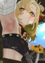 1girl armpits blonde_hair blue_sky car_seat cloud crop_top dashboard earrings elbow_gloves gloves goggles goggles_around_neck green_eyes haishima_xv highres jewelry looking_up piper_wheel rear-view_mirror sky sleeveless solo steering_wheel sweat upper_body yellow_gloves zenless_zone_zero