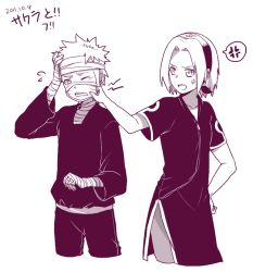 Rule 34 | 1boy, 1girl, anger vein, asainaruto, bandages, cheek pinching, collarbone, cropped legs, dress, flying sweatdrops, hand on own head, hand on own hip, haruno sakura, headband, headdress, konohagakure symbol, long sleeves, looking at another, md5 mismatch, monochrome, naruto, naruto (series), one eye closed, open mouth, pinching, short hair, short sleeves, side slit, simple background, spiked hair, spoken anger vein, standing, tears, uzumaki naruto, white background, wince, zipper