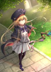 Rule 34 | 1girl, artoria caster (fate), artoria caster (second ascension) (fate), artoria pendragon (fate), belt, black bow, black gloves, black pantyhose, blonde hair, blue belt, blue cape, blue hat, bow, bowtie, branch, buttons, cape, closed mouth, commentary, day, dress, fate/grand order, fate (series), floating hair, gloves, grass, green eyes, hair between eyes, hair bow, hat, highres, holding, holding staff, holding weapon, kaze minoru so-ru, leaf, long hair, long sleeves, looking at viewer, pantyhose, purple bow, purple bowtie, purple footwear, shadow, solo, staff, sunlight, tree, twintails, weapon, white dress