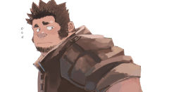 Rule 34 | 1boy, bara, big nose, blush, brown hair, facial hair, flying sweatdrops, from side, goatee, jacket, koto (32456033), leather, leather jacket, long sideburns, looking at viewer, male focus, mature male, original, short hair, sideburns, solo, spiked hair, upper body, worried