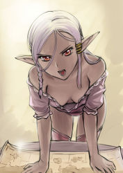 Rule 34 | 1girl, angry, bare shoulders, braid, breasts, cleavage, dark skin, dark-skinned female, downblouse, elf, extended downblouse, fantasy, frown, hair ornament, leaning forward, looking at viewer, map, no bra, off shoulder, open mouth, original, pink hair, pointy ears, red eyes, sketch, small breasts, solo, thighhighs, ueyama michirou