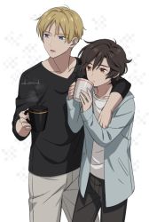Rule 34 | 2boys, ar (rikuesuto), black shirt, blonde hair, blue eyes, blue jacket, brown hair, character request, copyright request, cup, glass, grey pants, hair between eyes, holding, holding cup, hood, jacket, male focus, multiple boys, open mouth, orange eyes, pants, shirt, white shirt