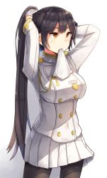 Rule 34 | 1girl, azur lane, black hair, black pantyhose, bow, breasts, brown eyes, cowboy shot, gloves, hair ears, hair flaps, highres, in mouth, large breasts, long hair, military, military uniform, miniskirt, pantyhose, plan (planhaplalan), pleated skirt, ponytail, simple background, skirt, solo, takao (azur lane), tying hair, uniform, very long hair, white background, white gloves, white skirt