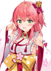 Rule 34 | 1girl, absurdres, ahoge, bare shoulders, bell, blush, bow, commentary request, crying, crying with eyes open, detached sleeves, green eyes, hair bell, hair between eyes, hair bow, hair ornament, hairclip, hakama, hakama short skirt, hakama skirt, hands up, highres, hololive, japanese clothes, jingle bell, kimono, long hair, long sleeves, looking at viewer, nail polish, nose blush, one side up, parted lips, pink nails, purple hakama, racchi., red bow, red hair, sakura miko, sakura miko (1st costume), skirt, sleeveless, sleeveless kimono, solo, tears, virtual youtuber, white kimono, white sleeves, wide sleeves, x hair ornament, yellow bow