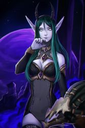 Rule 34 | 1girl, player character (wow), bare shoulders, black thighhighs, breasts, cleavage, closed mouth, detached sleeves, distr, elf, fingernails, full moon, green hair, hand on own chin, highres, large breasts, leotard, light smile, long fingernails, long hair, long sleeves, looking at viewer, moon, nail polish, navel, pointy ears, purple nails, signature, smile, solo, standing, thighhighs, void elf, warcraft, warlock (warcraft), white eyes, world of warcraft