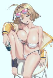 Rule 34 | 1girl, :d, ahoge, anis (nikke), anis (sparkling summer) (nikke), bare legs, bare shoulders, bikini, blue background, breasts, brown hair, can, collarbone, commentary request, eyepatch bikini, goddess of victory: nikke, groin, highres, holding, holding can, jacket, knee up, large breasts, looking at viewer, navel, off shoulder, open clothes, open jacket, open mouth, revision, short hair, siguya, simple background, sitting, smile, solo, stomach, strapless, strapless bikini, swimsuit, thighs, white bikini, yellow eyes, yellow jacket