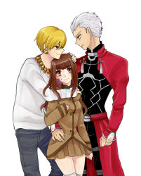 Rule 34 | 10s, 1girl, 2boys, archer (fate), bad id, bad pixiv id, blonde hair, boy sandwich, brown eyes, brown hair, earrings, fate/extra, fate/extra ccc, fate (series), gilgamesh (fate), jewelry, kishinami hakuno (female), multiple boys, necklace, official alternate costume, red eyes, sandwiched, sono o o o, white hair